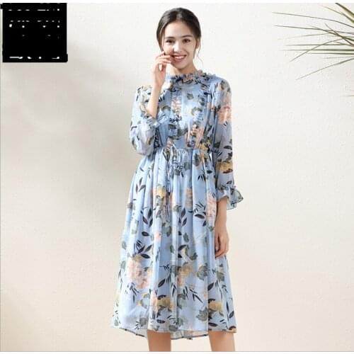 Female Chiffon Blue Color Dress Summer 2021 New Ladies Wood Ears Long Dresses Waist Thin Belly Skirt Mid-length Printed skirts