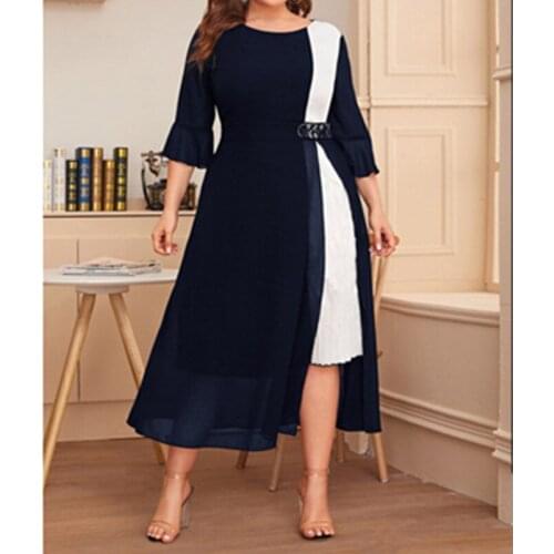 White And Black Contrast Color Elegant Dress Women Summer Three Quarter Sleeve Casual Dress Plus Size Maxi Long Dresses 2021