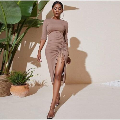 Women Sexy Bandage Side Split Beach Dress Half Sleeve O neck Solid High Street Casual Party Dress 2021 Autumn New Fashion Dress