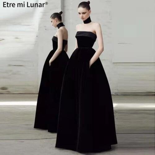 2021 Dubai Prom Dress A-Line Black Strapless Evening Dress vestido de noche L4224