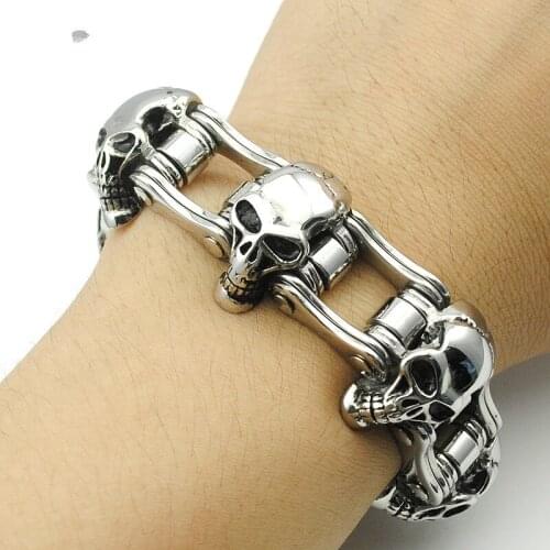 AMUMIU 23MM Wide Skull Strand Bracelet Men Cool Solid Stainless Steel Punk Bicycle Chain Mens Bracelets Biker Jewelry HZB013