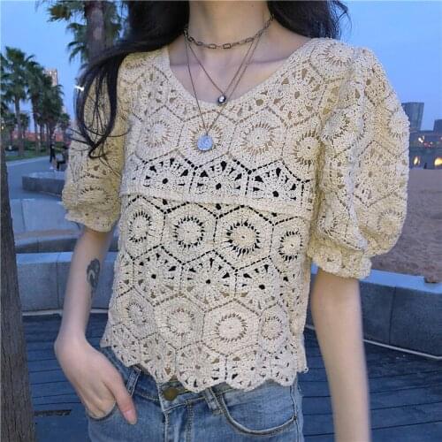 Knitted Shirts Female Sexy Hollow Out Women Blouses Loose 2020 Summer New Short Sleeve Tops Korean Solid Ladies Blusa White Tops