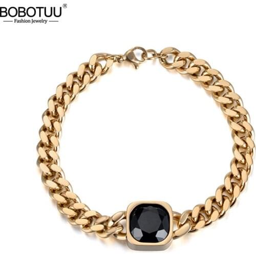 BOBOTUU Classic 14mm Square Black Cubic Zirconia Bracelets For Women Men Gold Color Stainless Steel Link Chain Bracelet BB18021G