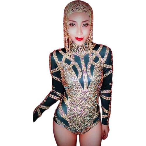 Shiny Colorful Rhinestone Women Long SLeeve Bodysuits Skinny Stretch Jumpsuits Birthday Party CelebrateWear Nightclub Costume