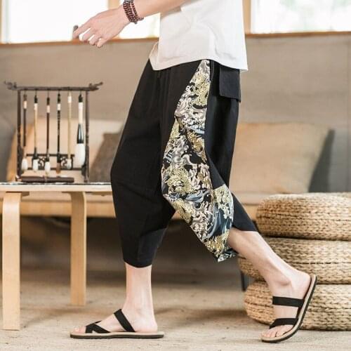 Men Casual Chinese Style Pants Loose Linen Trousers Summer Japanese Elastic Waist Harem Pants Streetwear Chinese Pants Man 10933