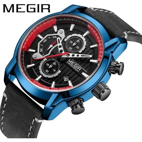 MEGIR Quartz Men Watches Chronograph Fashion Genuine Leather Sports Watch Clock for Gentle Men Male Students Reloj Hombre 2019