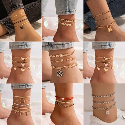 Docona Bohemia Letter Butterfly Anklets for Women Adjustable Colorful Seed Beaded Crystal Anklets Set Female Party Jewelry