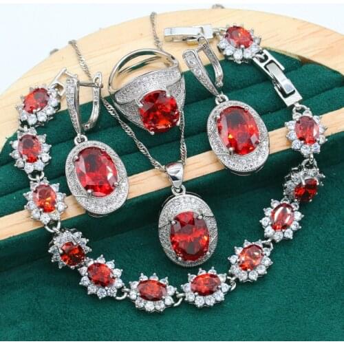 Dubai Noble Silver Color Jewelry Set for Women Birthday Party Bridal Gift Red Zircon Bracelet Earrings Necklace Ring
