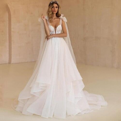 Eightree Elegant Boho Beach Wedding Dresses V-Neck Tulle A-Line Princess Wedding Gown Applique Backless Bridal Dress Custom Made