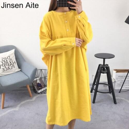 Jinsen Aite 2019 Large Size Womens Night Dress Nightgown Long-sleeve Cotton Casual Loose Autumn Sleepshirt Home Clothes JS776