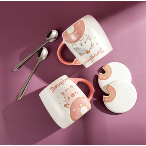 Cartoon Animal Embossed Ceramic Cup 430ML Cute Girl Mug Ins Water Cup with Lid Spoon Custom Couple Cup Breakfast Cup Coffee Mug