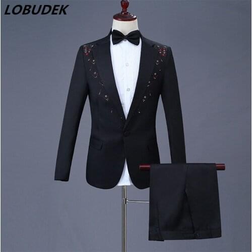 Black White Mens Suits Crystals Blazers Pants suit Vocal Concert singer Chorus Prom Compere Studio Wedding Master Stage Costume