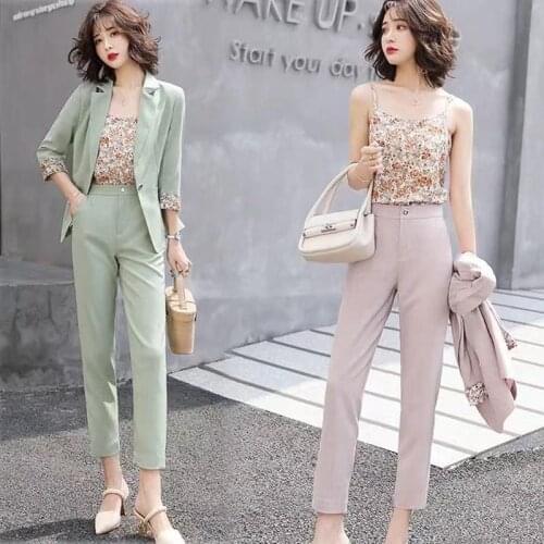 High Quality 3 Pieces Set Spring Autumn Green Pink Ladies Pant Suit Women Breasted Jacket And Pant Work Career Blazer Suit