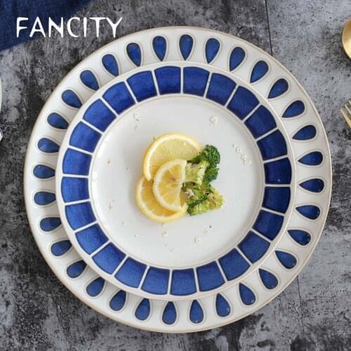 FANCITY Creative Ceramic Tableware Nordic Blue Water Drop Western Plate Steak Plate Fruit Plate Pasta Plate Salad Plate