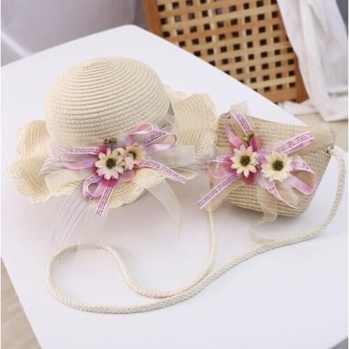 Hotsale summer two piece a set child cute daisy floral shoulder bag and straw hat Baby girl sun hat panama cap gorros
