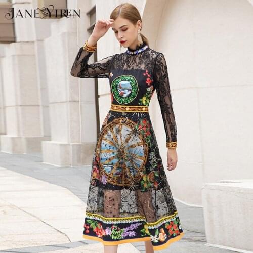 Jianyiren Fashion Designer dress Summer Womens Dress Lace Long Sleeve Beading Sequined Fruit Print Black Elegant Dresses