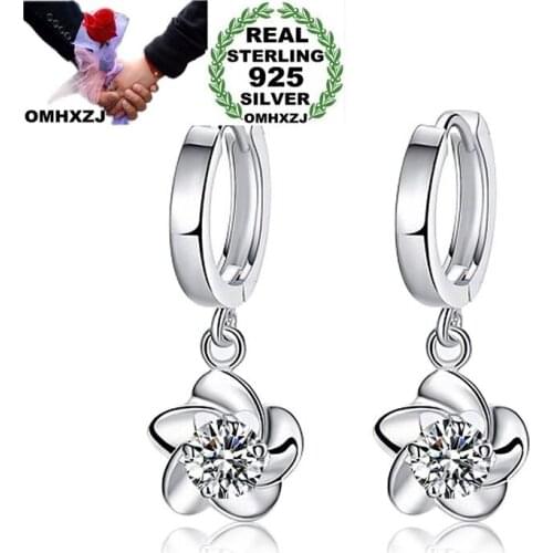 OMHXZJ Wholesale Personality Fashion OL Woman Girl Party Wedding White Purple Flower Zircon 925 Sterling Silver Earrings YE340