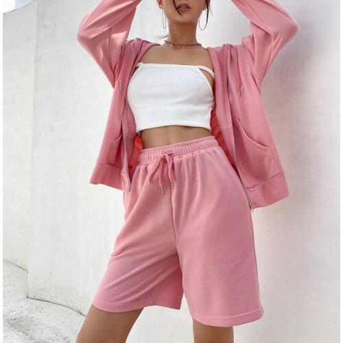 Puloru Autumn Casual Women Two-piece Sports Wear Solid Color Loose Tracksuits Hooded Jackets and Elastic Waist Shorts Streetwear