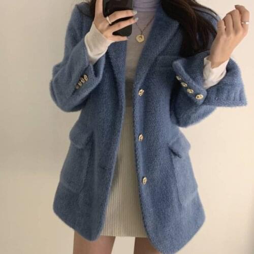 Double Pockets Warm Coats Women Korean Chic Notched Collar Straight Jackets Autumn Winter Vintage Single Breasted Tops