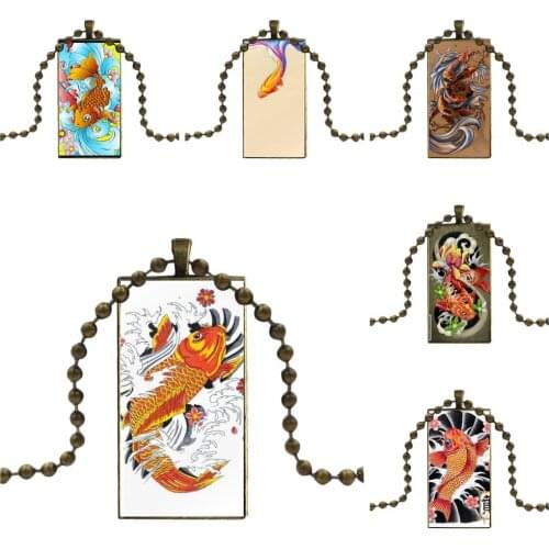 For Unisex Gift Japanese Tattoo Koi Fish Fashion Glass Cabochon Pendant Rectangle Necklace Choker Necklace Jewelry