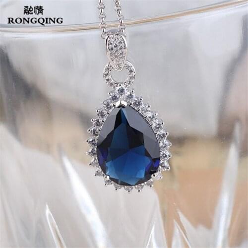 RONGQING 6pcs/lot Water Drop Blue Zircon Necklace Women AAA CZ Stone Pendant Necklace Wedding Jewelry for Bridesmaids