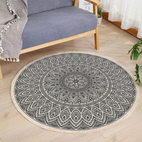 Retro Bohemian Manual Rug Round Cotton Linen Carpet Rug Bedside Geometric Floor Mat Living Room Bedroom Carpet Home Decoration