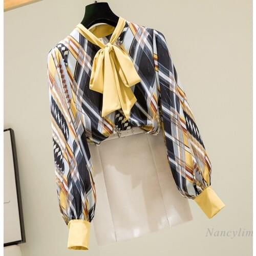 Contrast Color Bow Lace-up Long Sleeve Chiffon Shirt Womens Temperament Print Top Office Lady All-Match Blouses Blusas