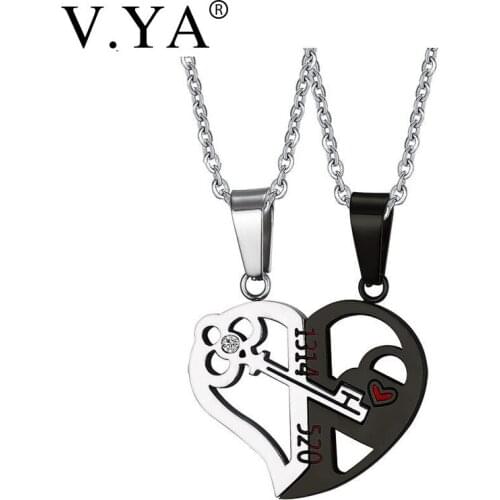 V.Ya Romantic Her & His Love Necklace Set Couples Heart Key Crystal Lover Pendant Valentine Stainless Steel 24" Chain Drop Ship