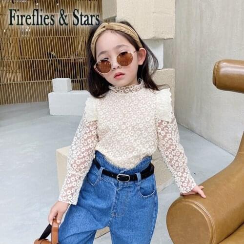 Spring Autumn girls t shirt Baby tee kids tops Children fashion clothes floral embroidery see through mesh sleeve 2 to 9 yrs