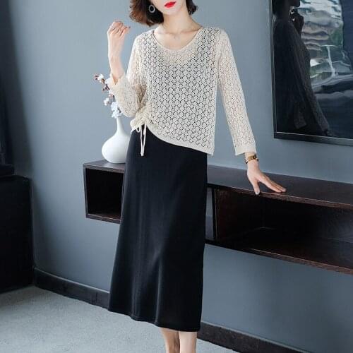 Women Suits Knit Blouses Two Pieces Elegant Lady Hollow Knit Shirt Twin Sets