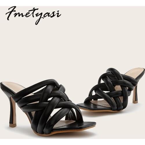 Heels Women Roman Sandals Summer Breathable Genuine Leather Weave Hollow Slip-on Stiletto Sandals Rubber Peep Toe Shallow