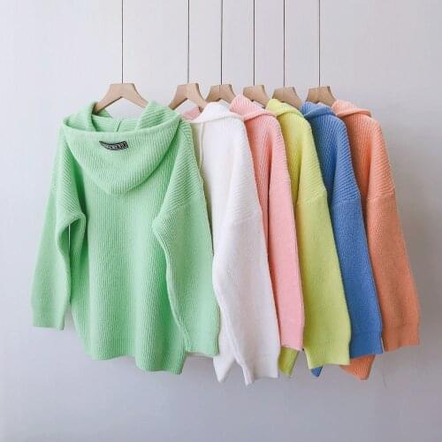 Y2k Candy Color Hooded Knitting Pullovers For Women Spring Autumn High Street Sweaters Student Lady Loose Knitted Jumpers