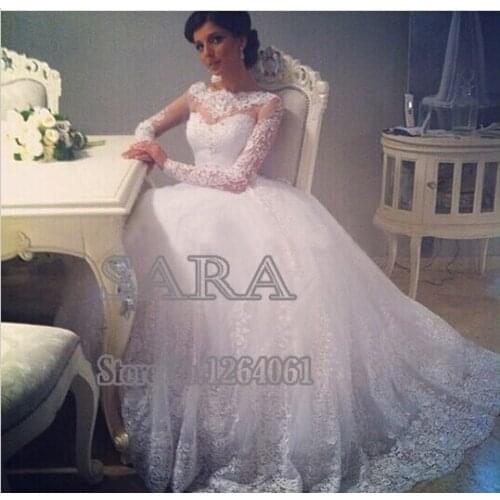 Elegant Sheer Long Sleeve Tull Lace A-Line Wedding Dresses Court Train Bridal Gown Vestidos De Novia 2015