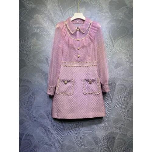 New Mesh Lace Ruffles Women Office Work Dress Elegant Spring Full Sleeves Purple Color Lady Vestido Dress Luxury Clothes