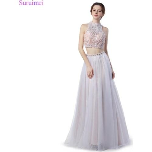 2018 New Arrival Crop Top Two Pieces Evening Dresses O Neck Beaded with Pearls See Through Sexy Eveing Gown