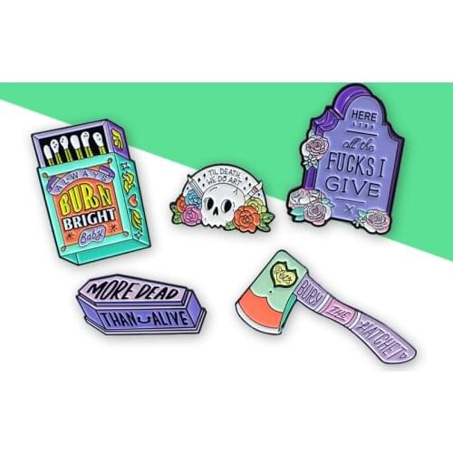 5 style Cartoon Gothic Enamel Pins Matchbox Axe Ghost Skull Art Purple Floral Rose Tombstone Punk Halloween Gifts 2019 Jewelry