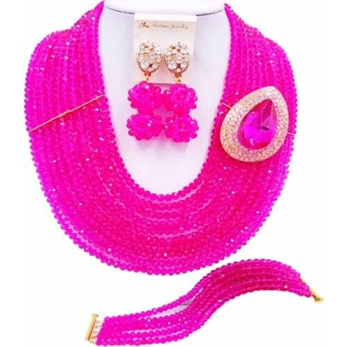 ACZUV Classic Fuchsia Pink Nigerian Wedding African Beads Jewelry Set Crystal Necklace Bridal Party Jewelry Sets 10C-DS019