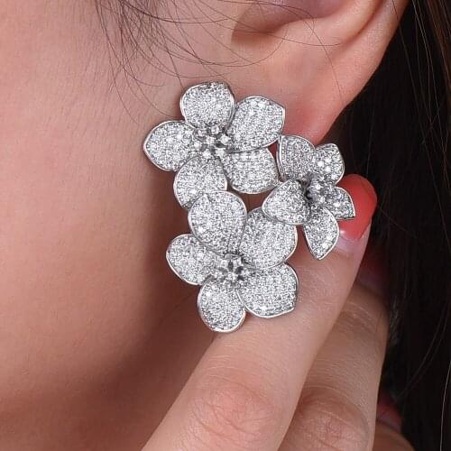 Brand High Quality Stud Earrings with Stones Cubic Zirconia brincos Jewelry Romantic Luxury Earrings Blooming Flower For Women