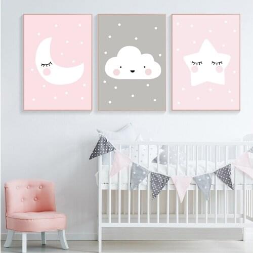 Pink Moon Cloud Star Nursery Child Poster Cute Art Decorative Print Wall Painting Decoration Picture Nordic Kid Baby Room Decor