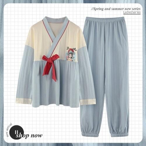 Kimono Womens pajamas Set Long Sleep Tops Pants Sleepwear Cotton Cute Japan Style Pijamas Suit Women clothes Spring 2021 Free
