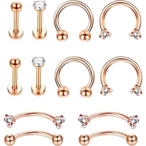 12Pcs/Lot Stainless Steel Nose Piercing Ring Zircon Earrings Nose Nails Lips Nariz Tongue Nails Piercing Jewelry
