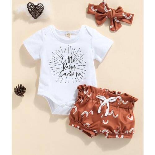 FOCUSNORM 0-18M Summer Baby Girls Boys Clothes Sets Letter Printed Romper Tops Rainbow Elastic Shorts Headband