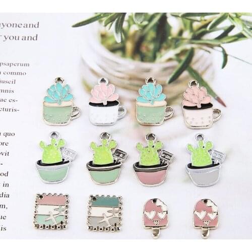 Colorful Kawaii Plant Succulent cactus Square Airplane Food Ice Cream Charms Oil Drop Necklace Bracelet Earring Pendants 50pcs