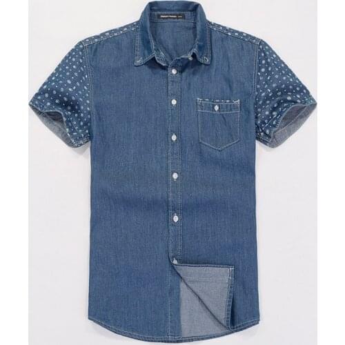 Summer Fashion Mens Printed Short Sleeve Denim Shirt , Blouse For Man , Male Slim 100% Cotton Jeans Shirts , Blouses For Men