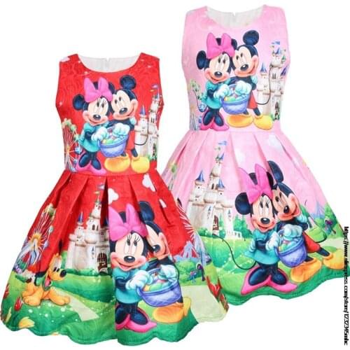 Disney Mickey Mouse Brand Fashion Girls Dresses European and American Style Print Cartoon Pattern Cotton Girl Dresses 3-7 Years