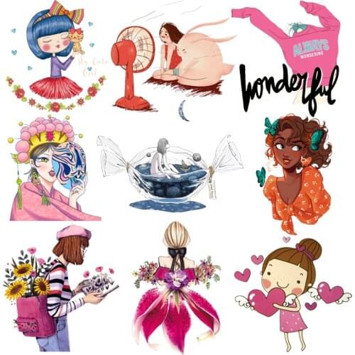 Cartoon Girl Applique DIY Iron-On Transfers For Clothing Stickers Beautiful Girl Thermal Stickers Heat Transfer For Kids Clothes