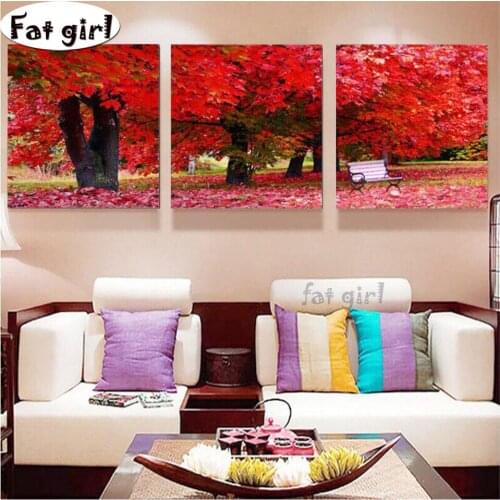 3pcs diy diamond painting Natural scenery red maple leaf mural HD print cross stitch 5D embroidery full square round home decor