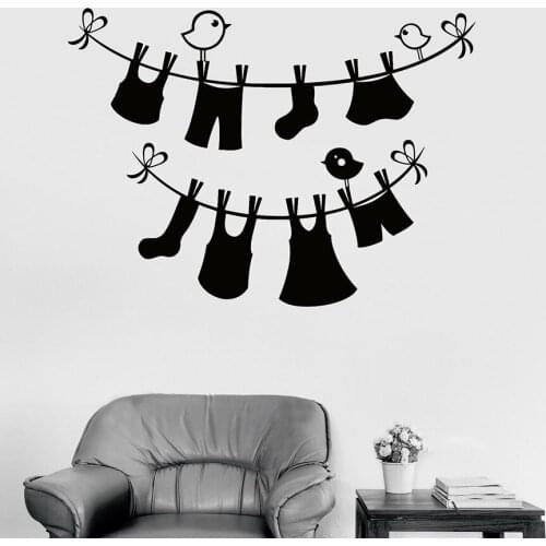 Laundry Room Wall Decal Wash Clothes Vinyl Wall Stickers Cute Birds Art Kids Nursery Mural Interior Decoration Waterproof S1238