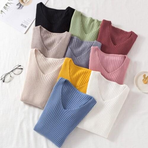 2021 Autumn New Long-sleeve Sweater V-neck Sexy Sweater Solid Fashion Sexy Top Bottoming Wool Slim Pullover All-match New 17040