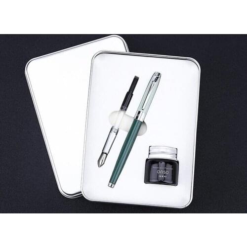 OASO S16 Luxury Metal Case Gift Set 0.38mm 0.5mm Two Nib Fountain Pen with a Bottle Ink Pens for Writing Free Shipping